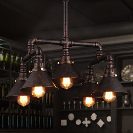 5-Bulb Ceiling Lamp with Cone Shade Metal Industrial Dining Room Chandelier Pendant Light in Rust Clearhalo 'Cast Iron' 'Ceiling Lights' 'Chandeliers' 'Industrial Chandeliers' 'Industrial' 'Metal' 'Middle Century Chandeliers' 'Rustic Chandeliers' 'Tiffany' Lighting' 210944