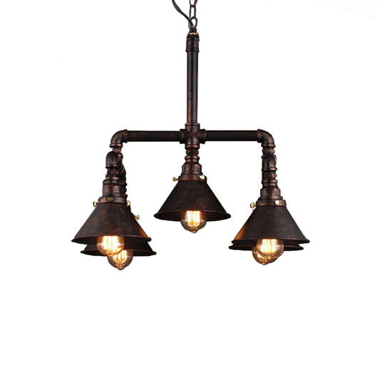 5-Bulb Ceiling Lamp with Cone Shade Metal Industrial Dining Room Chandelier Pendant Light in Rust Clearhalo 'Cast Iron' 'Ceiling Lights' 'Chandeliers' 'Industrial Chandeliers' 'Industrial' 'Metal' 'Middle Century Chandeliers' 'Rustic Chandeliers' 'Tiffany' Lighting' 210945