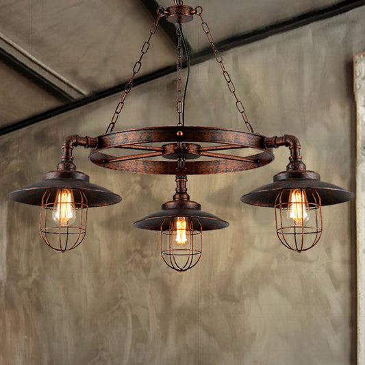 3-Light Metal Hanging Chandelier Industrial Weathered Copper Wagon Wheel Shade Kitchen Pendant Light with Cage Clearhalo 'Cast Iron' 'Ceiling Lights' 'Chandeliers' 'Industrial Chandeliers' 'Industrial' 'Metal' 'Middle Century Chandeliers' 'Rustic Chandeliers' 'Tiffany' Lighting' 210948