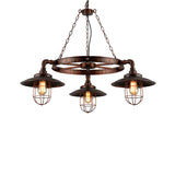 3-Light Metal Hanging Chandelier Industrial Weathered Copper Wagon Wheel Shade Kitchen Pendant Light with Cage Clearhalo 'Cast Iron' 'Ceiling Lights' 'Chandeliers' 'Industrial Chandeliers' 'Industrial' 'Metal' 'Middle Century Chandeliers' 'Rustic Chandeliers' 'Tiffany' Lighting' 210949