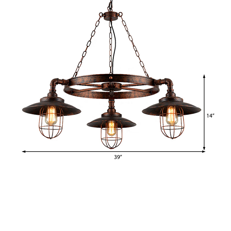 3-Light Metal Hanging Chandelier Industrial Weathered Copper Wagon Wheel Shade Kitchen Pendant Light with Cage Clearhalo 'Cast Iron' 'Ceiling Lights' 'Chandeliers' 'Industrial Chandeliers' 'Industrial' 'Metal' 'Middle Century Chandeliers' 'Rustic Chandeliers' 'Tiffany' Lighting' 210950