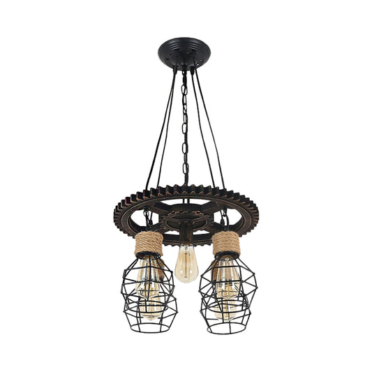 5 Lights Metal and Rope Pendant Chandelier Industrial Black Globe Dining Room Hanging Ceiling Fixture with Gear Shelf Clearhalo 'Cast Iron' 'Ceiling Lights' 'Chandeliers' 'Industrial Chandeliers' 'Industrial' 'Metal' 'Middle Century Chandeliers' 'Rustic Chandeliers' 'Tiffany' Lighting' 210985