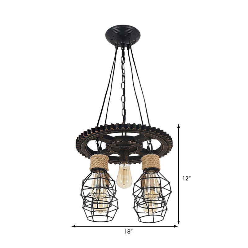 5 Lights Metal and Rope Pendant Chandelier Industrial Black Globe Dining Room Hanging Ceiling Fixture with Gear Shelf Clearhalo 'Cast Iron' 'Ceiling Lights' 'Chandeliers' 'Industrial Chandeliers' 'Industrial' 'Metal' 'Middle Century Chandeliers' 'Rustic Chandeliers' 'Tiffany' Lighting' 210986