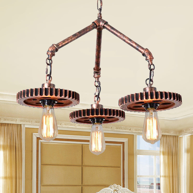 Open Metal Light Chandelier Industrial 3-Light Dining Room Pendant Lighting in Weathered Copper Gear Weathered Copper Clearhalo 'Cast Iron' 'Ceiling Lights' 'Chandeliers' 'Industrial Chandeliers' 'Industrial' 'Metal' 'Middle Century Chandeliers' 'Rustic Chandeliers' 'Tiffany' Lighting' 210997