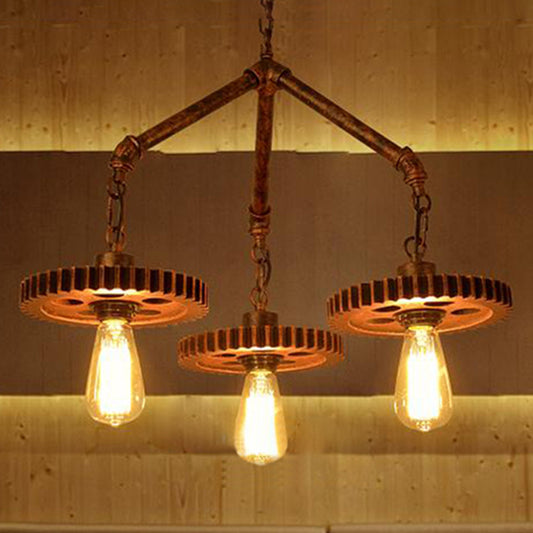 Open Metal Light Chandelier Industrial 3-Light Dining Room Pendant Lighting in Weathered Copper Gear Clearhalo 'Cast Iron' 'Ceiling Lights' 'Chandeliers' 'Industrial Chandeliers' 'Industrial' 'Metal' 'Middle Century Chandeliers' 'Rustic Chandeliers' 'Tiffany' Lighting' 210998