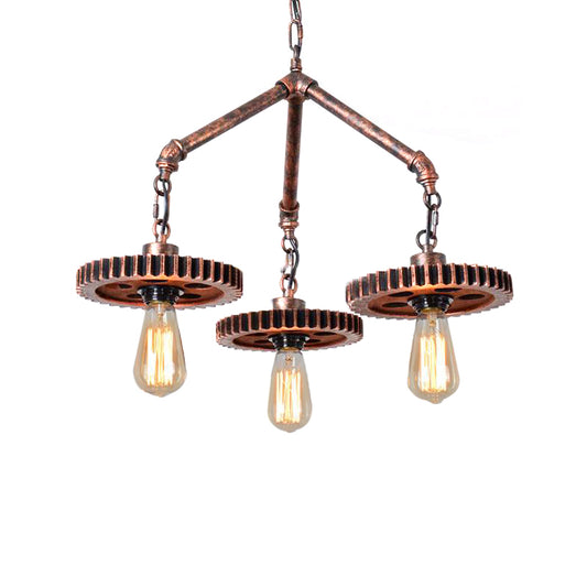 Open Metal Light Chandelier Industrial 3-Light Dining Room Pendant Lighting in Weathered Copper Gear Clearhalo 'Cast Iron' 'Ceiling Lights' 'Chandeliers' 'Industrial Chandeliers' 'Industrial' 'Metal' 'Middle Century Chandeliers' 'Rustic Chandeliers' 'Tiffany' Lighting' 210999