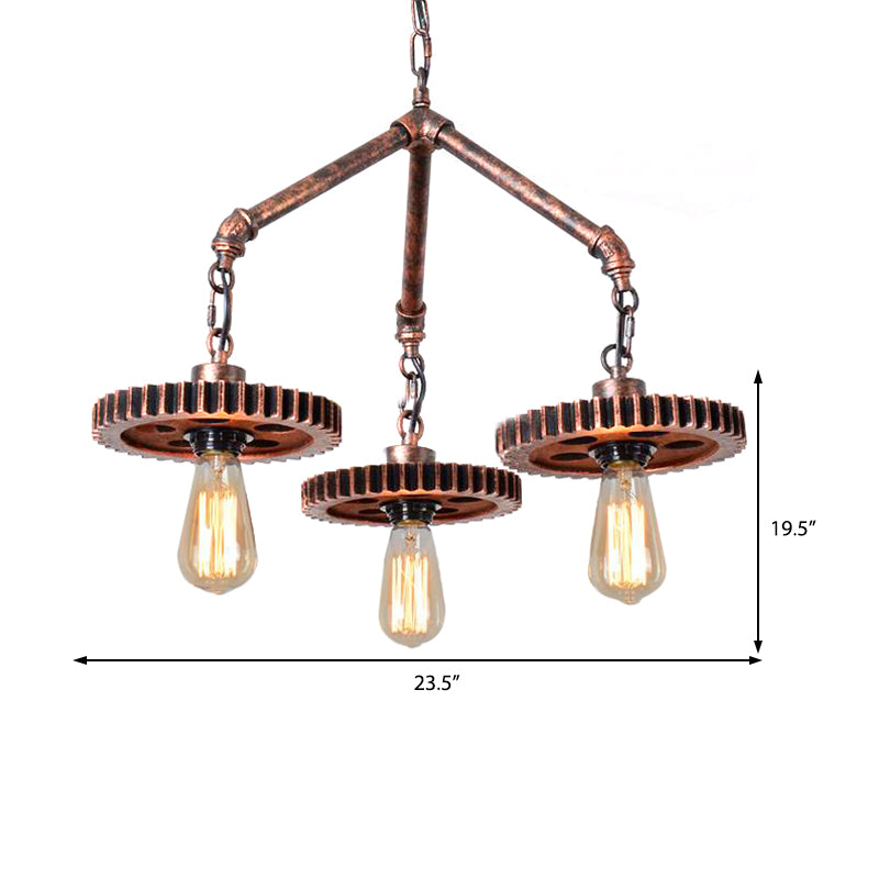 Open Metal Light Chandelier Industrial 3-Light Dining Room Pendant Lighting in Weathered Copper Gear Clearhalo 'Cast Iron' 'Ceiling Lights' 'Chandeliers' 'Industrial Chandeliers' 'Industrial' 'Metal' 'Middle Century Chandeliers' 'Rustic Chandeliers' 'Tiffany' Lighting' 211000