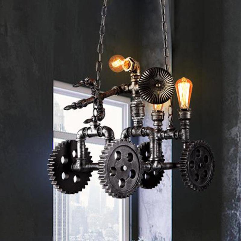 Antique Silver 3 Lights Chandelier Light Fixture Industrial Metal Gear Pendant Lamp with Robot Clearhalo 'Cast Iron' 'Ceiling Lights' 'Chandeliers' 'Industrial Chandeliers' 'Industrial' 'Metal' 'Middle Century Chandeliers' 'Rustic Chandeliers' 'Tiffany' Lighting' 211014