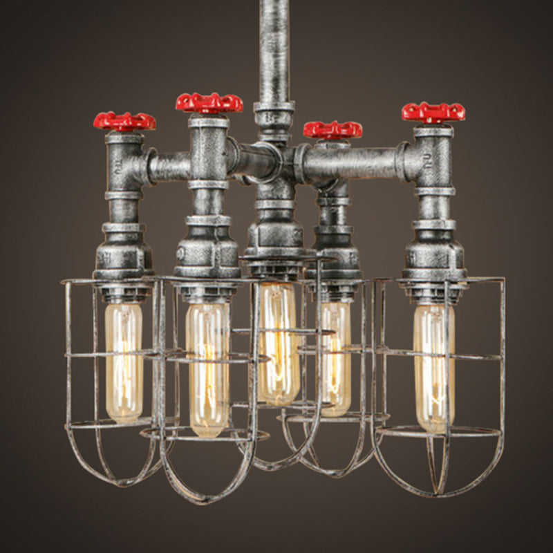 5 Lights Ceiling Light Industrial Caged Amber Glass Hanging Chandelier in Silver with Valve Silver Clearhalo 'Cast Iron' 'Ceiling Lights' 'Chandeliers' 'Industrial Chandeliers' 'Industrial' 'Metal' 'Middle Century Chandeliers' 'Rustic Chandeliers' 'Tiffany' Lighting' 211051