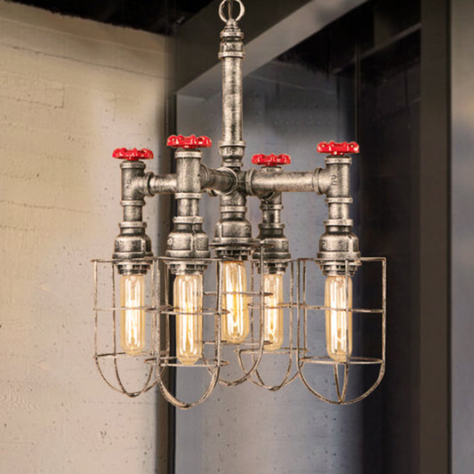 5 Lights Ceiling Light Industrial Caged Amber Glass Hanging Chandelier in Silver with Valve Clearhalo 'Cast Iron' 'Ceiling Lights' 'Chandeliers' 'Industrial Chandeliers' 'Industrial' 'Metal' 'Middle Century Chandeliers' 'Rustic Chandeliers' 'Tiffany' Lighting' 211052