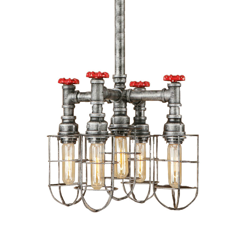 5 Lights Ceiling Light Industrial Caged Amber Glass Hanging Chandelier in Silver with Valve Clearhalo 'Cast Iron' 'Ceiling Lights' 'Chandeliers' 'Industrial Chandeliers' 'Industrial' 'Metal' 'Middle Century Chandeliers' 'Rustic Chandeliers' 'Tiffany' Lighting' 211053