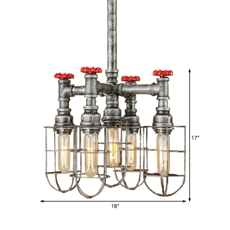 5 Lights Ceiling Light Industrial Caged Amber Glass Hanging Chandelier in Silver with Valve Clearhalo 'Cast Iron' 'Ceiling Lights' 'Chandeliers' 'Industrial Chandeliers' 'Industrial' 'Metal' 'Middle Century Chandeliers' 'Rustic Chandeliers' 'Tiffany' Lighting' 211054