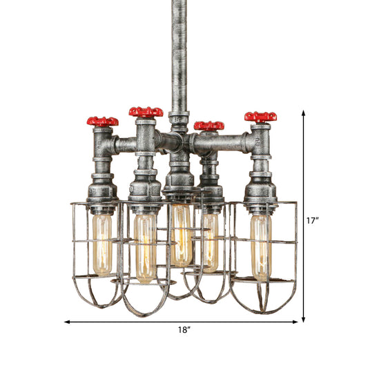 5 Lights Ceiling Light Industrial Caged Amber Glass Hanging Chandelier in Silver with Valve Clearhalo 'Cast Iron' 'Ceiling Lights' 'Chandeliers' 'Industrial Chandeliers' 'Industrial' 'Metal' 'Middle Century Chandeliers' 'Rustic Chandeliers' 'Tiffany' Lighting' 211054