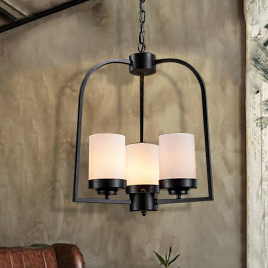 Matte Black Cylinder Chandelier Lamp Industrial Opal Glass 3 Light Dining Room Hanging Light Clearhalo 'Cast Iron' 'Ceiling Lights' 'Chandeliers' 'Industrial Chandeliers' 'Industrial' 'Metal' 'Middle Century Chandeliers' 'Rustic Chandeliers' 'Tiffany' Lighting' 211056