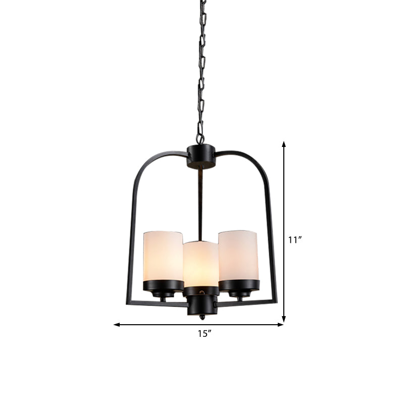 Matte Black Cylinder Chandelier Lamp Industrial Opal Glass 3 Light Dining Room Hanging Light Clearhalo 'Cast Iron' 'Ceiling Lights' 'Chandeliers' 'Industrial Chandeliers' 'Industrial' 'Metal' 'Middle Century Chandeliers' 'Rustic Chandeliers' 'Tiffany' Lighting' 211058