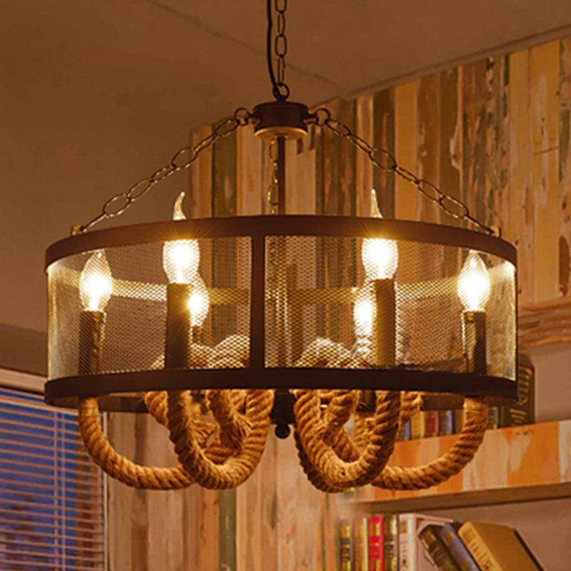 Rope Black Pendant Lamp Candle 6 Light Industrial Chandelier Light ...
