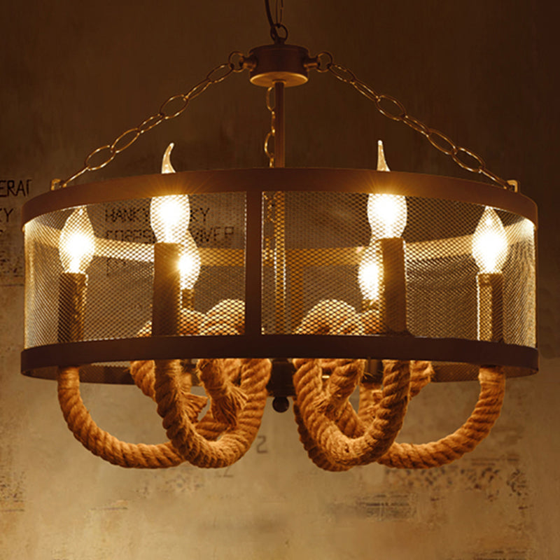 Rope Black Pendant Lamp Candle 6 Light Industrial Chandelier Light Fixture with Wire Mesh Clearhalo 'Cast Iron' 'Ceiling Lights' 'Chandeliers' 'Industrial Chandeliers' 'Industrial' 'Metal' 'Middle Century Chandeliers' 'Rustic Chandeliers' 'Tiffany' Lighting' 211070