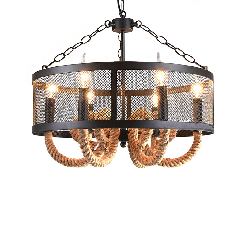 Rope Black Pendant Lamp Candle 6 Light Industrial Chandelier Light Fixture with Wire Mesh Clearhalo 'Cast Iron' 'Ceiling Lights' 'Chandeliers' 'Industrial Chandeliers' 'Industrial' 'Metal' 'Middle Century Chandeliers' 'Rustic Chandeliers' 'Tiffany' Lighting' 211071