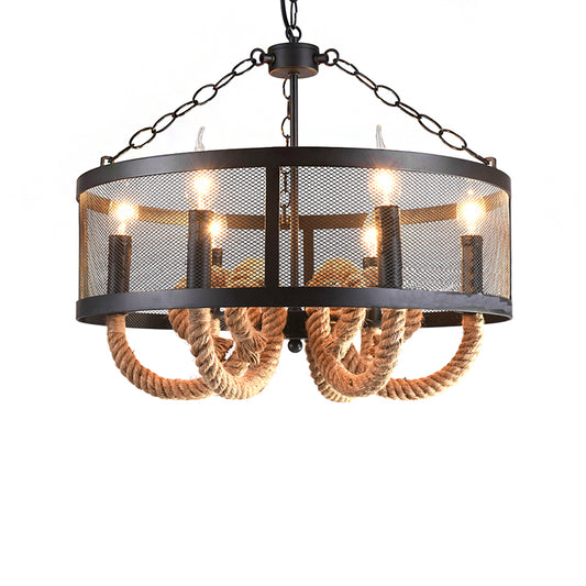 Rope Black Pendant Lamp Candle 6 Light Industrial Chandelier Light Fixture with Wire Mesh Clearhalo 'Cast Iron' 'Ceiling Lights' 'Chandeliers' 'Industrial Chandeliers' 'Industrial' 'Metal' 'Middle Century Chandeliers' 'Rustic Chandeliers' 'Tiffany' Lighting' 211071
