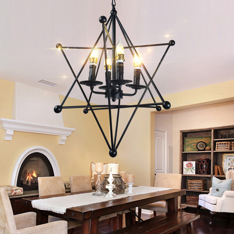 4-Light Metal Hanging Chandelier Industrial Black Candle Living Room Pendant Light Fixture with Cage Black Clearhalo 'Cast Iron' 'Ceiling Lights' 'Chandeliers' 'Industrial Chandeliers' 'Industrial' 'Metal' 'Middle Century Chandeliers' 'Rustic Chandeliers' 'Tiffany' Lighting' 211073