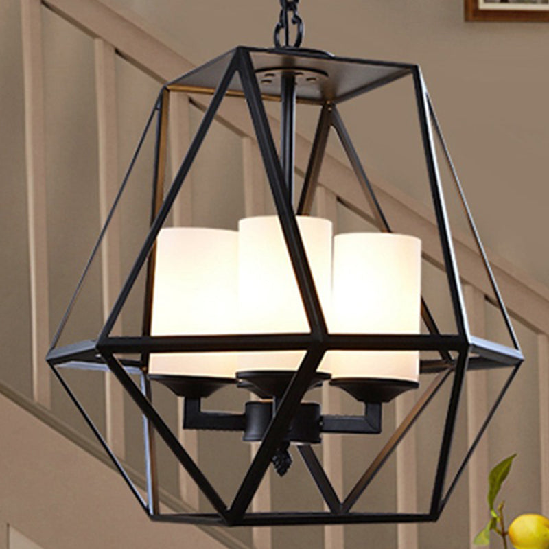 Geometric Dining Room Pendant Chandelier Industrial Opal Glass 3/4 Light Black Hanging Fixture with Cage 4 Black Clearhalo 'Cast Iron' 'Ceiling Lights' 'Chandeliers' 'Industrial Chandeliers' 'Industrial' 'Metal' 'Middle Century Chandeliers' 'Rustic Chandeliers' 'Tiffany' Lighting' 211132