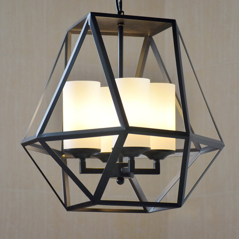 Geometric Dining Room Pendant Chandelier Industrial Opal Glass 3/4 Light Black Hanging Fixture with Cage Clearhalo 'Cast Iron' 'Ceiling Lights' 'Chandeliers' 'Industrial Chandeliers' 'Industrial' 'Metal' 'Middle Century Chandeliers' 'Rustic Chandeliers' 'Tiffany' Lighting' 211133