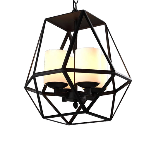 Geometric Dining Room Pendant Chandelier Industrial Opal Glass 3/4 Light Black Hanging Fixture with Cage Clearhalo 'Cast Iron' 'Ceiling Lights' 'Chandeliers' 'Industrial Chandeliers' 'Industrial' 'Metal' 'Middle Century Chandeliers' 'Rustic Chandeliers' 'Tiffany' Lighting' 211134