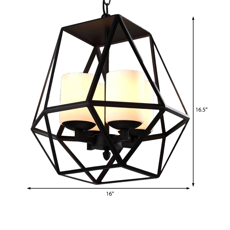 Geometric Dining Room Pendant Chandelier Industrial Opal Glass 3/4 Light Black Hanging Fixture with Cage Clearhalo 'Cast Iron' 'Ceiling Lights' 'Chandeliers' 'Industrial Chandeliers' 'Industrial' 'Metal' 'Middle Century Chandeliers' 'Rustic Chandeliers' 'Tiffany' Lighting' 211135