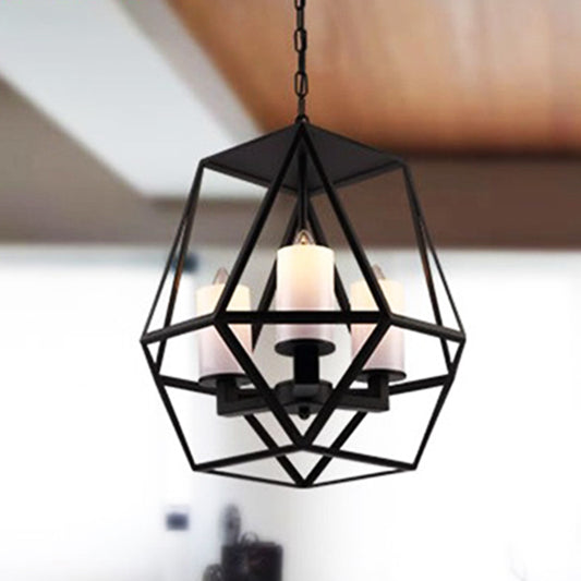 Geometric Dining Room Pendant Chandelier Industrial Opal Glass 3/4 Light Black Hanging Fixture with Cage 3 Black Clearhalo 'Cast Iron' 'Ceiling Lights' 'Chandeliers' 'Industrial Chandeliers' 'Industrial' 'Metal' 'Middle Century Chandeliers' 'Rustic Chandeliers' 'Tiffany' Lighting' 211137