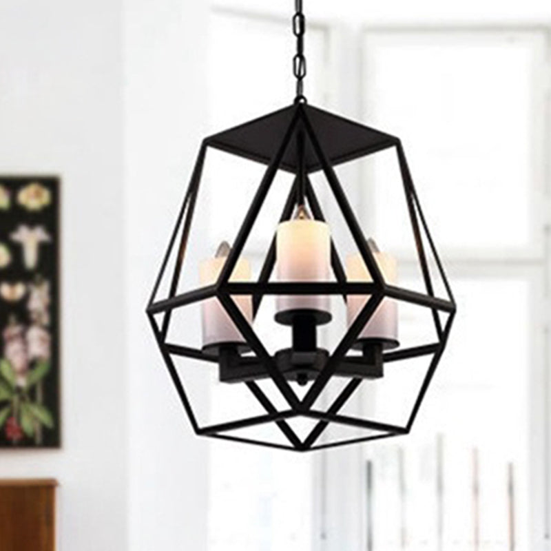 Geometric Dining Room Pendant Chandelier Industrial Opal Glass 3/4 Light Black Hanging Fixture with Cage Clearhalo 'Cast Iron' 'Ceiling Lights' 'Chandeliers' 'Industrial Chandeliers' 'Industrial' 'Metal' 'Middle Century Chandeliers' 'Rustic Chandeliers' 'Tiffany' Lighting' 211138