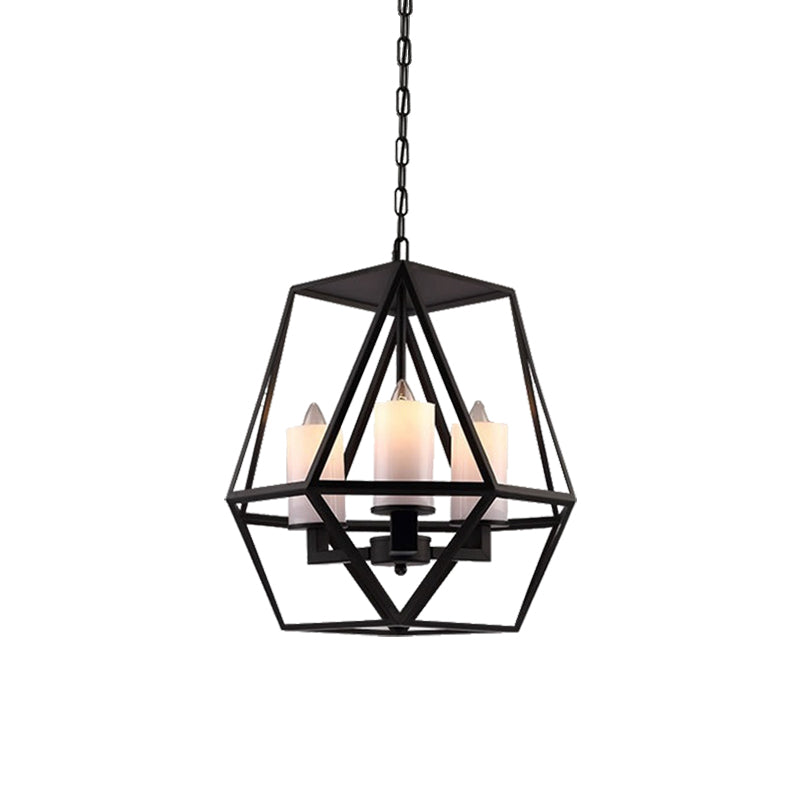 Geometric Dining Room Pendant Chandelier Industrial Opal Glass 3/4 Light Black Hanging Fixture with Cage Clearhalo 'Cast Iron' 'Ceiling Lights' 'Chandeliers' 'Industrial Chandeliers' 'Industrial' 'Metal' 'Middle Century Chandeliers' 'Rustic Chandeliers' 'Tiffany' Lighting' 211139