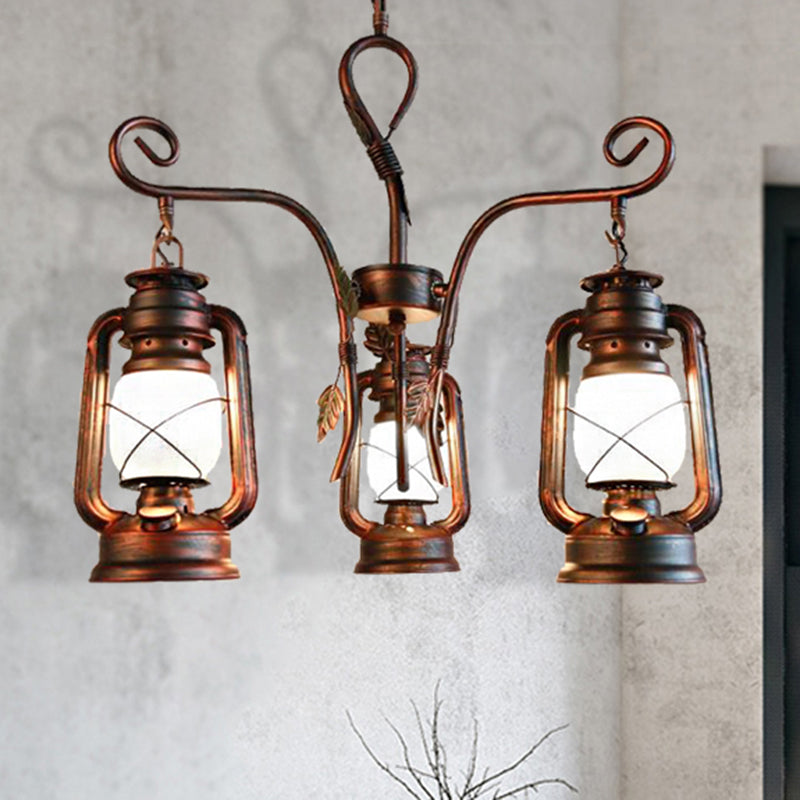 Lantern Opal Glass Light Chandelier Coastal 3 Light Dining Room Pendant Lighting in Weathered Copper Weathered Copper Clearhalo 'Cast Iron' 'Ceiling Lights' 'Chandeliers' 'Industrial Chandeliers' 'Industrial' 'Metal' 'Middle Century Chandeliers' 'Rustic Chandeliers' 'Tiffany' Lighting' 211157