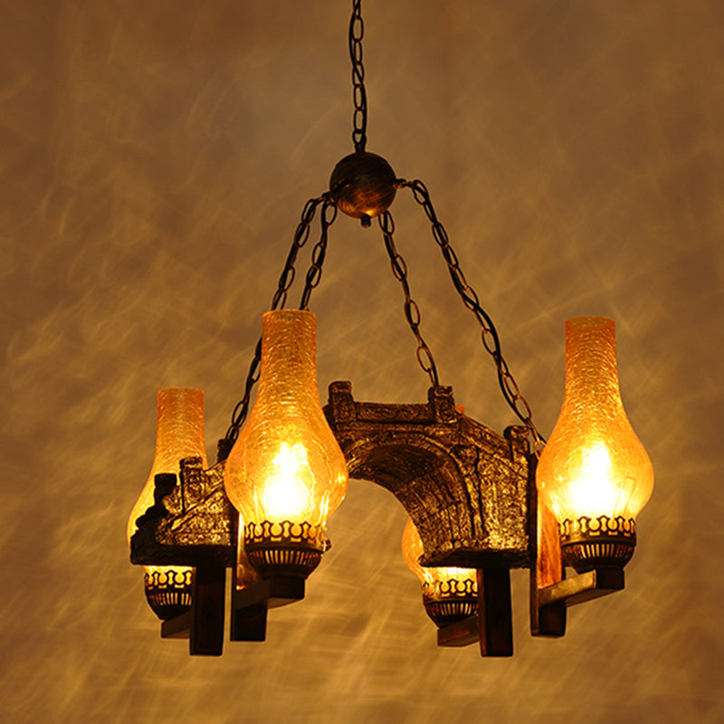 Yellow Crackle Glass Bronze Pendant Lamp Vase Shade 4-Light Industrial Chandelier Light Fixture with Chain Bronze Clearhalo 'Cast Iron' 'Ceiling Lights' 'Chandeliers' 'Industrial Chandeliers' 'Industrial' 'Metal' 'Middle Century Chandeliers' 'Rustic Chandeliers' 'Tiffany' Lighting' 211225