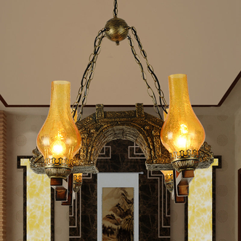 Yellow Crackle Glass Bronze Pendant Lamp Vase Shade 4-Light Industrial Chandelier Light Fixture with Chain Clearhalo 'Cast Iron' 'Ceiling Lights' 'Chandeliers' 'Industrial Chandeliers' 'Industrial' 'Metal' 'Middle Century Chandeliers' 'Rustic Chandeliers' 'Tiffany' Lighting' 211226
