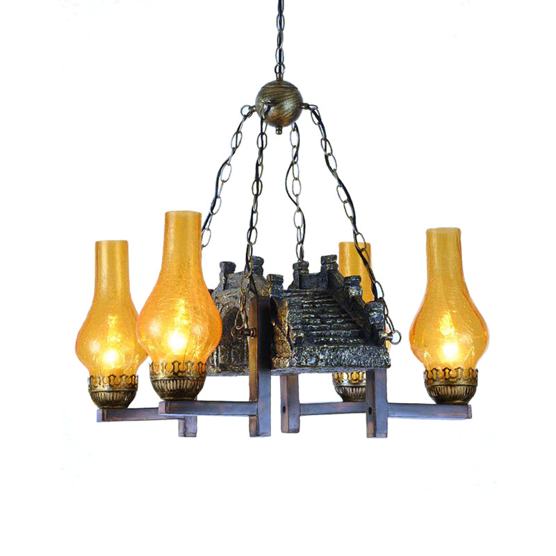 Yellow Crackle Glass Bronze Pendant Lamp Vase Shade 4-Light Industrial Chandelier Light Fixture with Chain Clearhalo 'Cast Iron' 'Ceiling Lights' 'Chandeliers' 'Industrial Chandeliers' 'Industrial' 'Metal' 'Middle Century Chandeliers' 'Rustic Chandeliers' 'Tiffany' Lighting' 211227