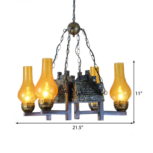 Yellow Crackle Glass Bronze Pendant Lamp Vase Shade 4-Light Industrial Chandelier Light Fixture with Chain Clearhalo 'Cast Iron' 'Ceiling Lights' 'Chandeliers' 'Industrial Chandeliers' 'Industrial' 'Metal' 'Middle Century Chandeliers' 'Rustic Chandeliers' 'Tiffany' Lighting' 211228