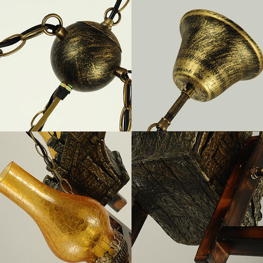 Yellow Crackle Glass Bronze Pendant Lamp Vase Shade 4-Light Industrial Chandelier Light Fixture with Chain Clearhalo 'Cast Iron' 'Ceiling Lights' 'Chandeliers' 'Industrial Chandeliers' 'Industrial' 'Metal' 'Middle Century Chandeliers' 'Rustic Chandeliers' 'Tiffany' Lighting' 211229