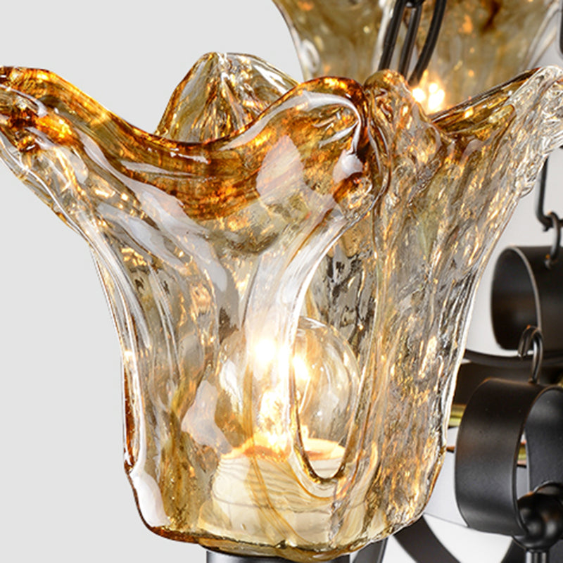3/6/8 Bulbs Ceiling Lamp Scroll Amber Glass Classic Living Room Chandelier Pendant Light with Flower Shade Clearhalo 'Ceiling Lights' 'Chandeliers' Lighting' options 211568