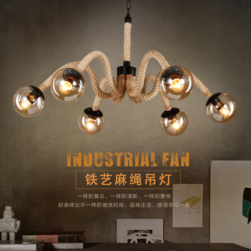 Radial Rope Chandelier Light Traditional 6 Lights Living Room Pendant Lighting with Amber Glass Globe Shade Clearhalo 'Ceiling Lights' 'Chandeliers' Lighting' options 211638