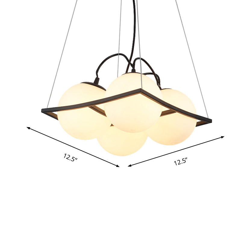 Globe Living Room Ceiling Chandelier Traditional Frosted Glass 4/9 Lights White Hanging Fixture with Square Frame Clearhalo 'Ceiling Lights' 'Chandeliers' Lighting' options 211719
