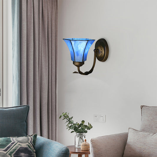 Blue Glass Bell Wall Sconce with Gooseneck 1 Light Vintage Indoor Wall Lighting Blue A Clearhalo 'Industrial' 'Middle century wall lights' 'Tiffany wall lights' 'Tiffany' 'Wall Lamps & Sconces' 'Wall Lights' Lighting' 21172