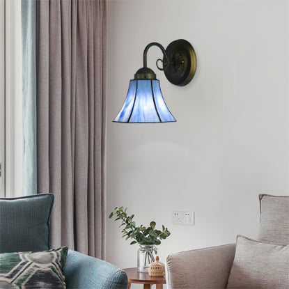 Blue Glass Bell Wall Sconce with Gooseneck 1 Light Vintage Indoor Wall Lighting Blue B Clearhalo 'Industrial' 'Middle century wall lights' 'Tiffany wall lights' 'Tiffany' 'Wall Lamps & Sconces' 'Wall Lights' Lighting' 21175
