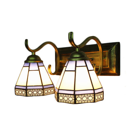 White Glass Conical Wall Sconce with Antique Brass/White Curved Arm Tiffany 2 Lights Wall Lighting for Bedroom Clearhalo 'Industrial' 'Middle century wall lights' 'Tiffany wall lights' 'Tiffany' 'Wall Lamps & Sconces' 'Wall Lights' Lighting' 21178