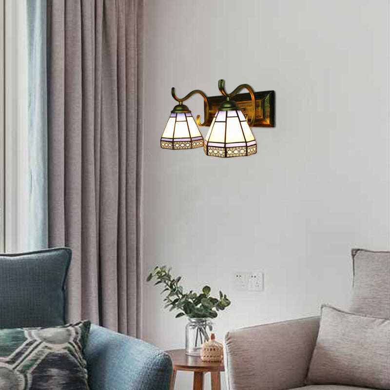 White Glass Conical Wall Sconce with Antique Brass/White Curved Arm Tiffany 2 Lights Wall Lighting for Bedroom Antique Brass Clearhalo 'Industrial' 'Middle century wall lights' 'Tiffany wall lights' 'Tiffany' 'Wall Lamps & Sconces' 'Wall Lights' Lighting' 21180