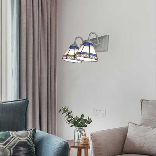 White Glass Conical Wall Sconce with Antique Brass/White Curved Arm Tiffany 2 Lights Wall Lighting for Bedroom White Clearhalo 'Industrial' 'Middle century wall lights' 'Tiffany wall lights' 'Tiffany' 'Wall Lamps & Sconces' 'Wall Lights' Lighting' 21183