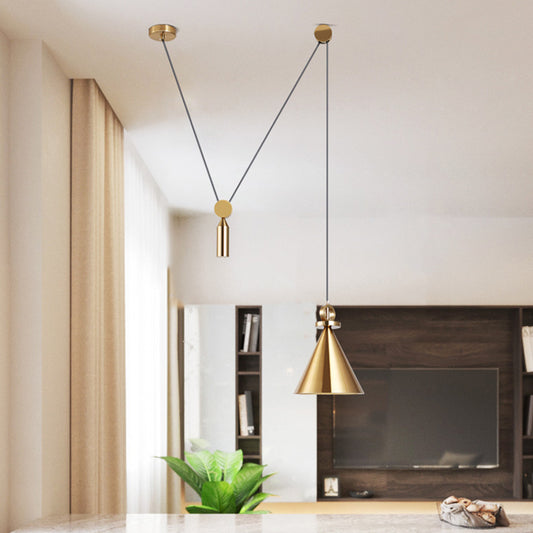 Conical Metallic Ceiling Light Postmodern Single-Bulb Gold Pulley Hanging Pendant Light for Living Room Gold Clearhalo 'Ceiling Lights' 'Modern Pendants' 'Modern' 'Pendant Lights' 'Pendants' Lighting' 2121254