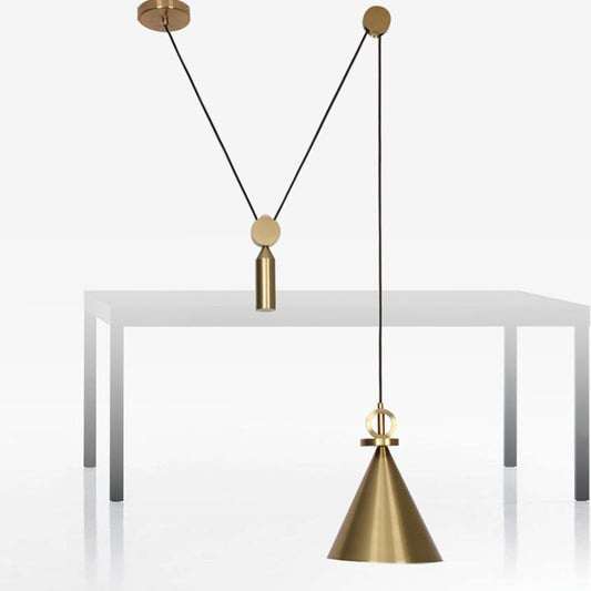 Conical Metallic Ceiling Light Postmodern Single-Bulb Gold Pulley Hanging Pendant Light for Living Room Clearhalo 'Ceiling Lights' 'Modern Pendants' 'Modern' 'Pendant Lights' 'Pendants' Lighting' 2121256