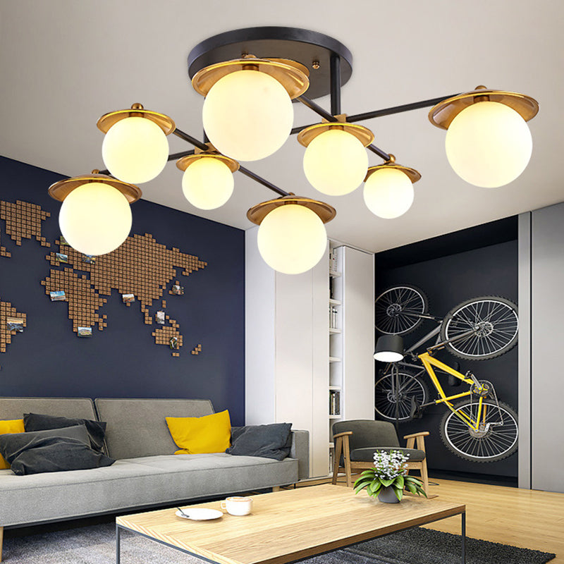 Startburst Living Room Semi Flush Mount with Globe White Glass Shade 4/6/8 Lights Modern Gold Semi Flush Ceiling Lamp Clearhalo 'Ceiling Lights' 'Close To Ceiling Lights' 'Close to ceiling' 'Glass shade' 'Glass' 'Pendant Lights' 'Semi-flushmount' Lighting' 212128