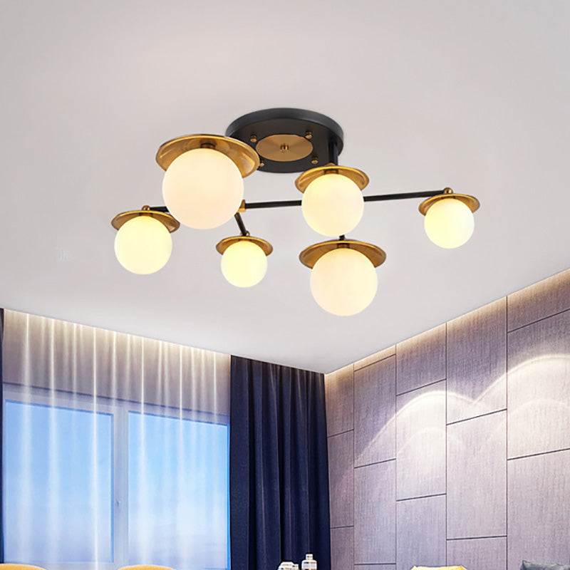 Startburst Living Room Semi Flush Mount with Globe White Glass Shade 4/6/8 Lights Modern Gold Semi Flush Ceiling Lamp 6 Gold Clearhalo 'Ceiling Lights' 'Close To Ceiling Lights' 'Close to ceiling' 'Glass shade' 'Glass' 'Pendant Lights' 'Semi-flushmount' Lighting' 212139