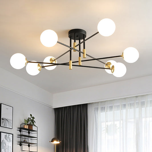 Cream Glass Sphere Semi Flush Mount Modernist 4/6/8 Lights Black Semi Flush Mount Light Fixture with Linear Arm Clearhalo 'Ceiling Lights' 'Close To Ceiling Lights' 'Close to ceiling' 'Glass shade' 'Glass' 'Semi-flushmount' Lighting' 212142